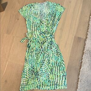 Maggy London Green and Blue Abstract Wrap Dress